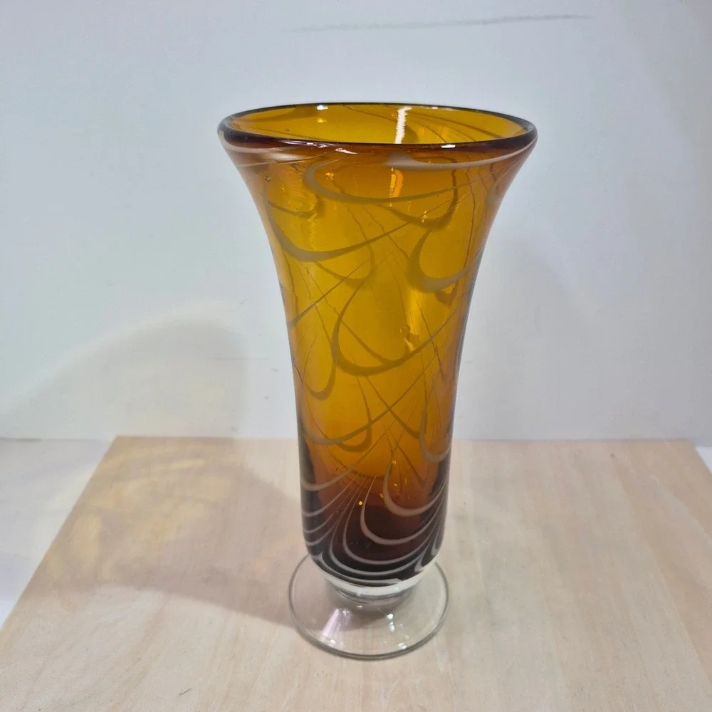 Vintage Amber Art Glass Vase White‎ Swirl Pulled Feather Trumpet Vase 9.5 inch
